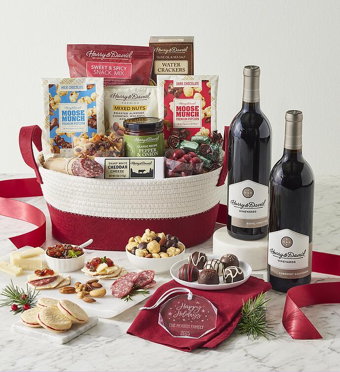 Season&#x27;s Best Snack Gift Basket with Personalized Ornament and Wine - 2 Bottles