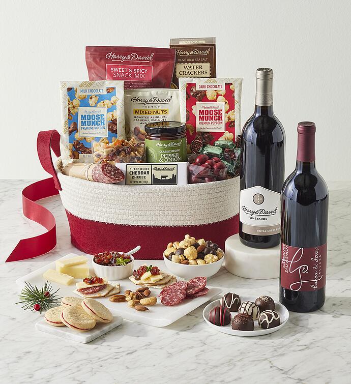 Season's Best Snack Gift Basket with Wine   2 Bottles