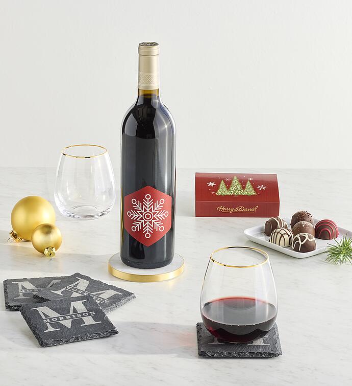 Holiday Wine Glasses with Wine and Personalized Slate Coaster Set