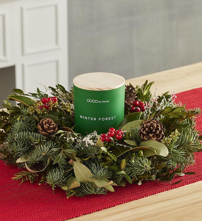 Evergreen Magnolia and Winter Forest Candle Centerpiece