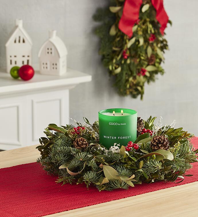 Evergreen Magnolia and Winter Forest Candle Centerpiece