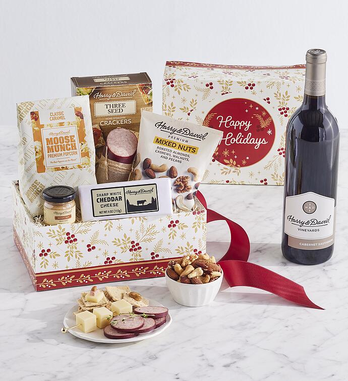 Holiday Snack Gift Box with Red Wine