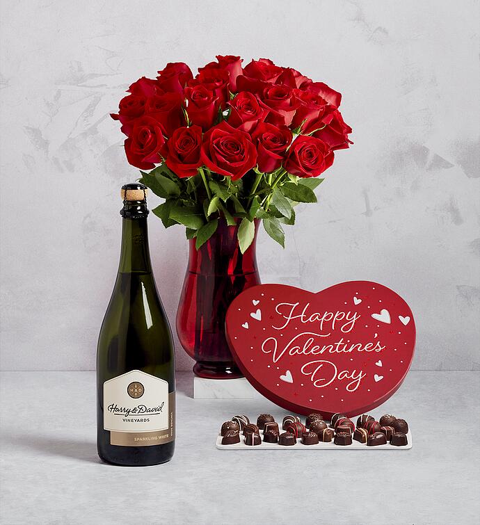 Valentine Chocolates in Heart Box with Two Dozen Red Roses and Sparkling White Wine