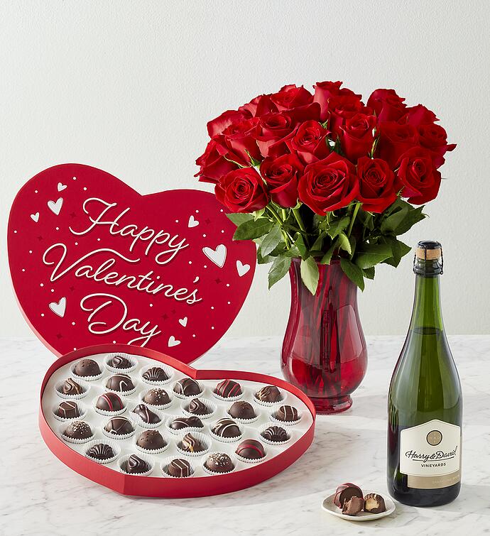 Valentine Chocolates in Heart Box with Two Dozen Red Roses and Sparkling White Wine