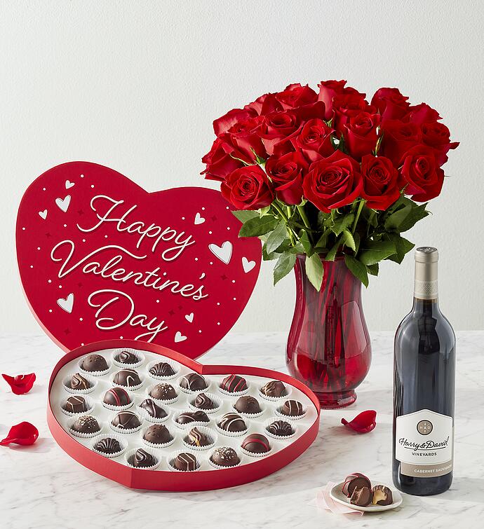 Valentine Chocolates in Heart Box with Two Dozen Red Roses and Red Wine