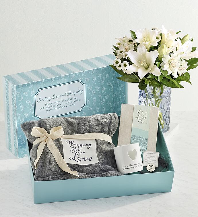 Sympathy and Support Box of Comfort with White Lily Bouquet