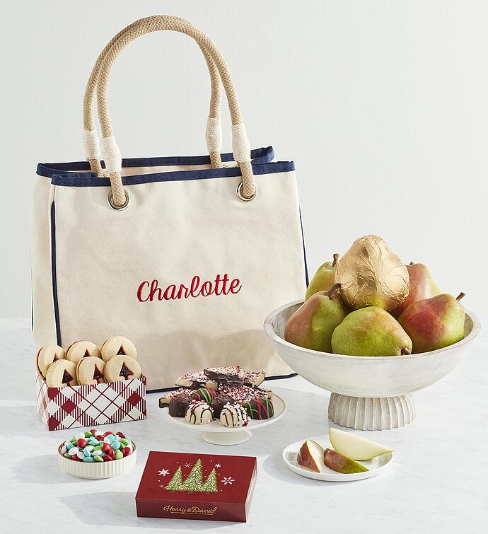 Deluxe Christmas Gift Box with Personalized Embroidered Canvas Rope Tote