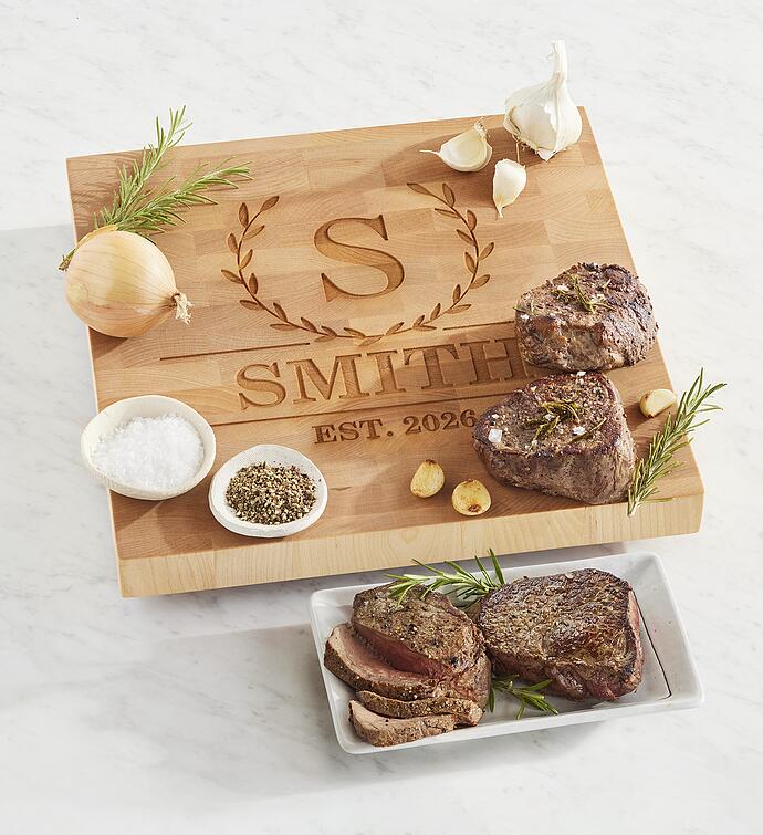 Four Filets of Top Sirloin with Personalized Butcher Block Cutting Board 