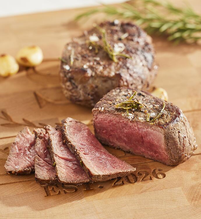 Four Filets of Top Sirloin with Personalized Butcher Block Cutting Board 