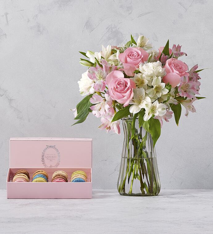 Ladurée Mother's Day Macaron Pink Gift Box of 12 - Paired with Cherished Blooms Bouquet