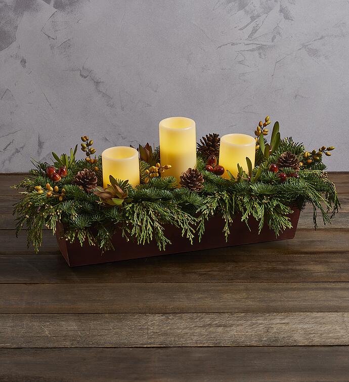 Evergreen Centerpiece with Flameless Candles