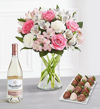 Mother's Day Cherished Blooms Bouquet with Gourmet Drizzled Strawberries™ & Wine