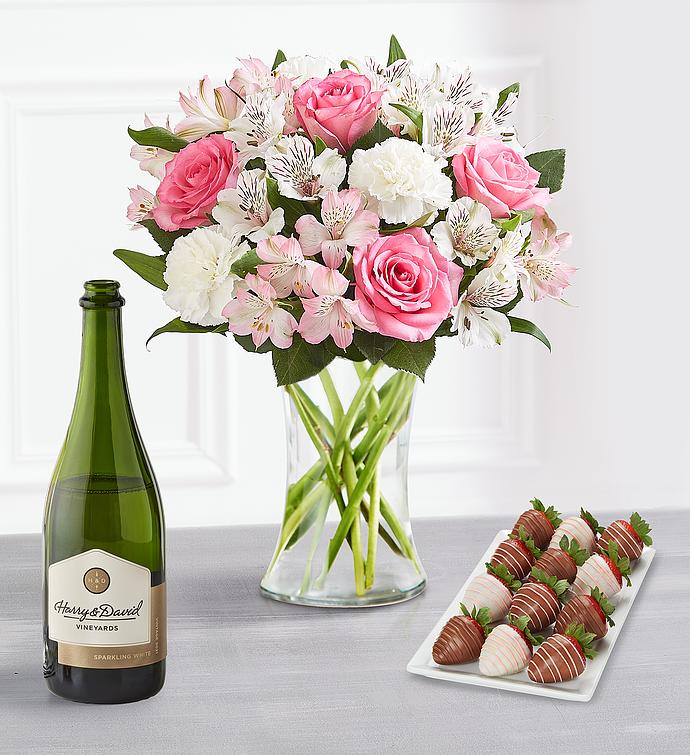 Mother's Day Cherished Blooms Bouquet with Gourmet Drizzled Strawberries™ & Wine