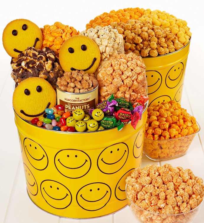 College Smiley Snack Assortment & 3 Flavor Popcorn Tins