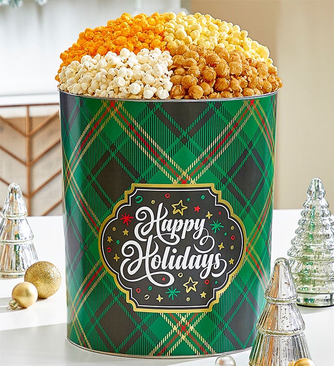 Happy Plaid 6 1/2 Gallon 4 Flavor Popcorn Tin