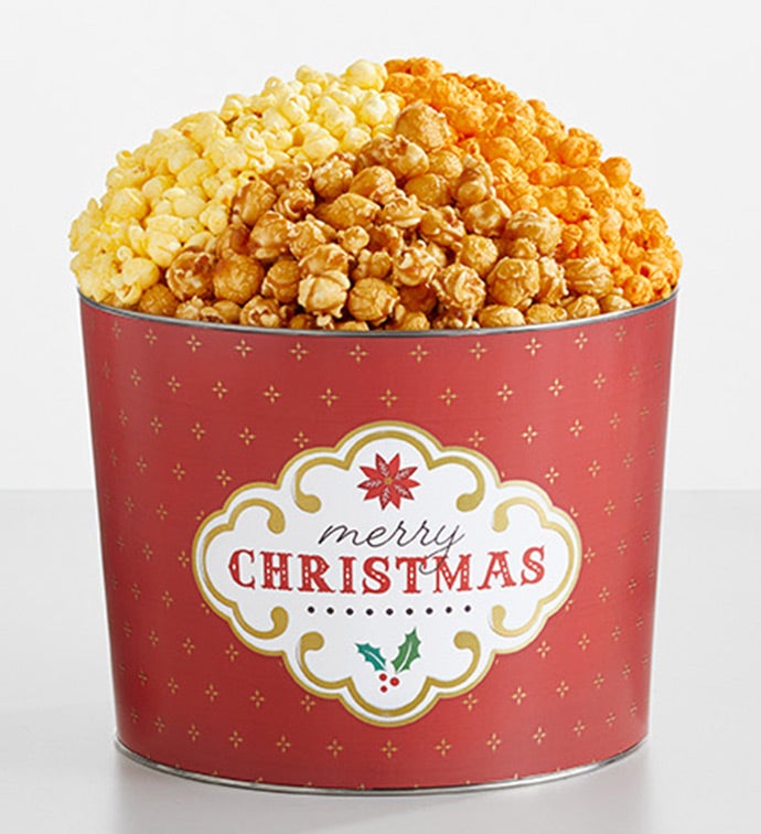 Merry Christmas 2 Gallon 3 Flavor Popcorn Tin, Christmas Gifts by The Popcorn Factory