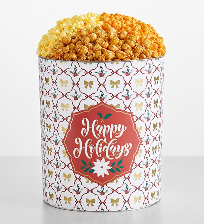 Happy Holidays 6 1/2 Gallon 3 Flavor Popcorn Tin, Christmas Gifts by The Popcorn Factory