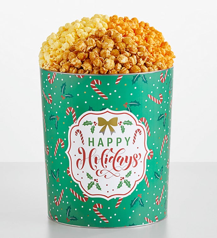 Happy Holidays 3 1/2 Gallon 3 Flavor Popcorn Tin, Christmas Gifts by The Popcorn Factory