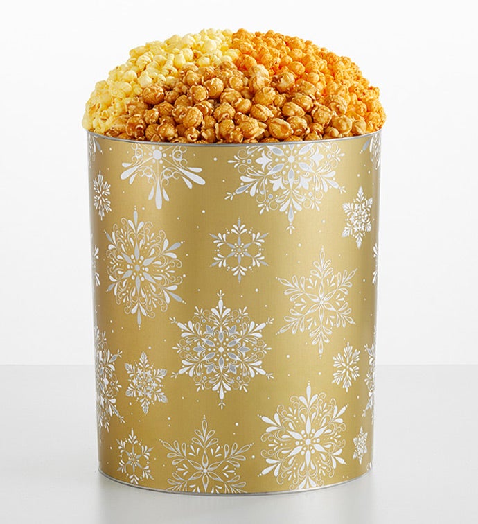 Golden Snowflakes 6 1/2 Gallon 3 Flavor Popcorn Tin, Christmas Gifts by The Popcorn Factory