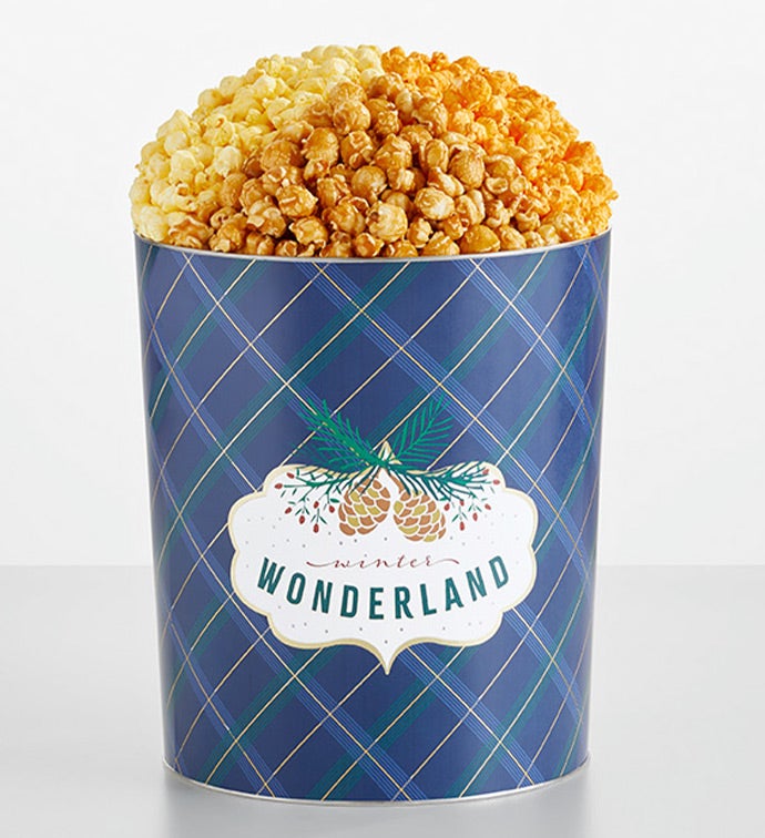 Winter Wonderland Blue Plaid 3 1/2 Gallon 3 Flavor Popcorn Tin, Christmas Gifts by The Popcorn Factory