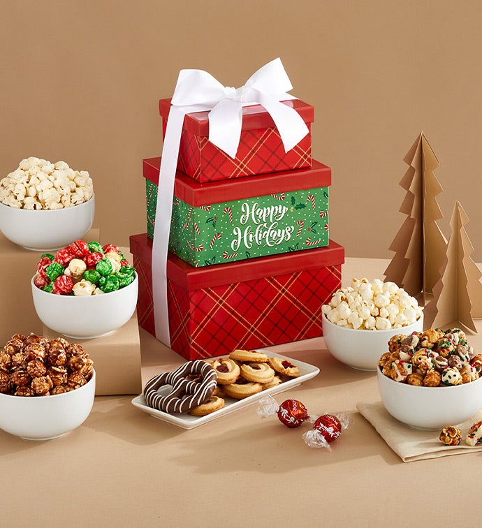 Happy Holidays 3 Popcorn Gift Box Gift Tower , Christmas Gifts by The Popcorn Factory