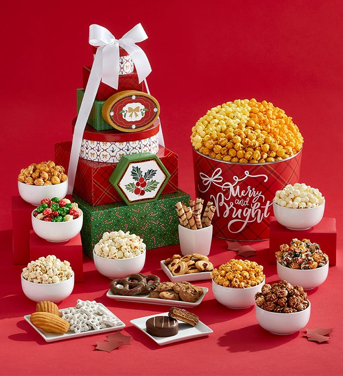 Happy Holidays 8 Box Gift Tower And 2 Gallon Popcorn Tin 3 Flavor, Christmas Gifts by The Popcorn Factory