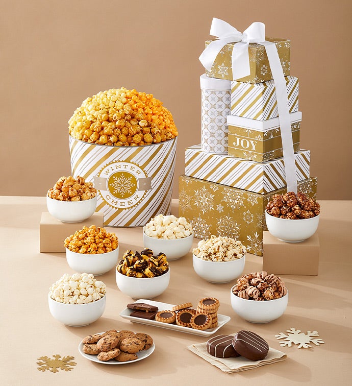 Golden Snowflakes 6 Box Gift Tower And 2 Gallon Popcorn Tin 3 Flavor, Christmas Gifts by The Popcorn Factory
